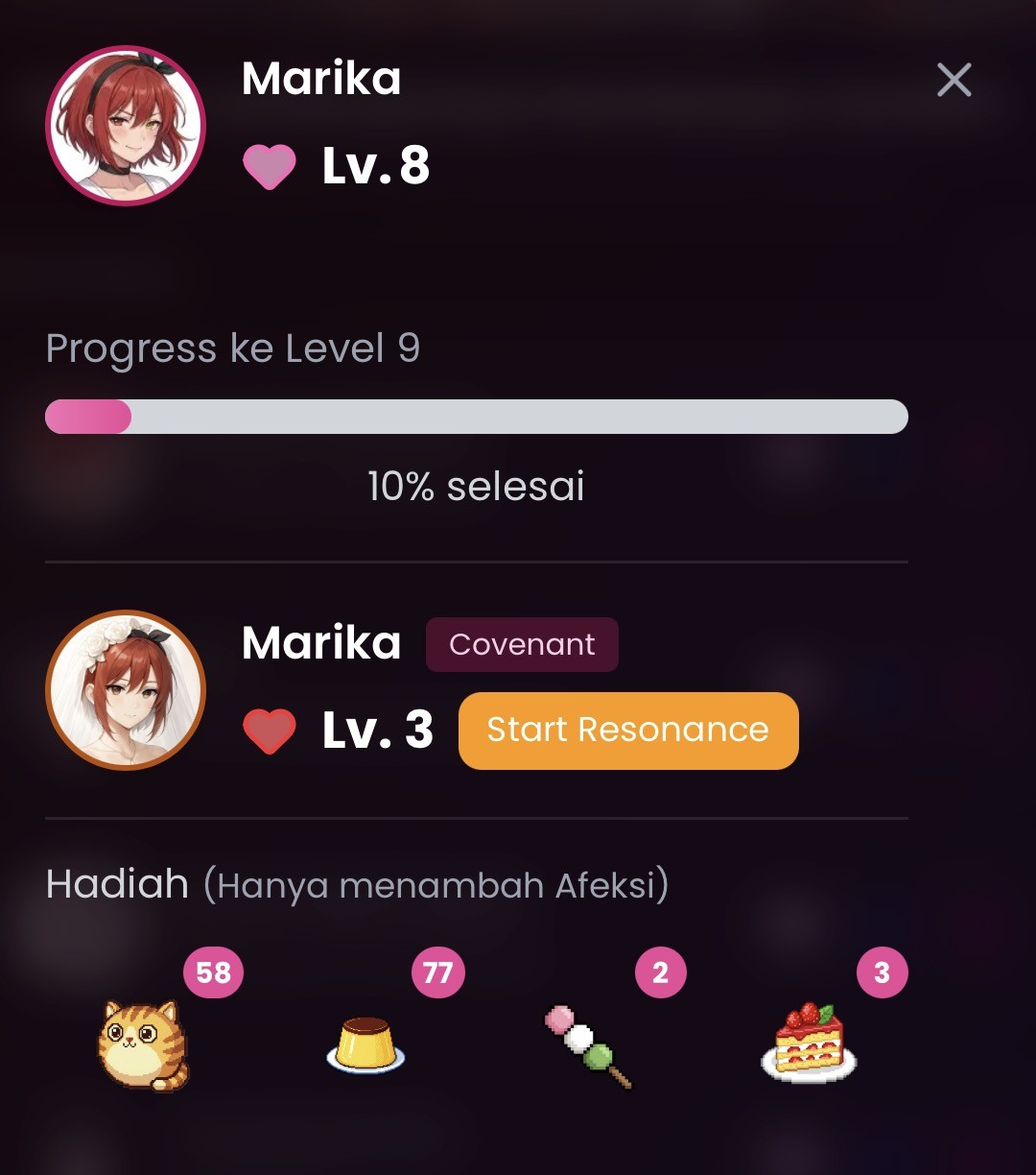 Requirement 2: Level 8 Affection _ Max level Covenant