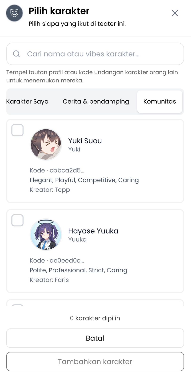 Di Gekijou 1.2 Kamu bisa invite Karakter dari komunitas kedalam teater kamu
