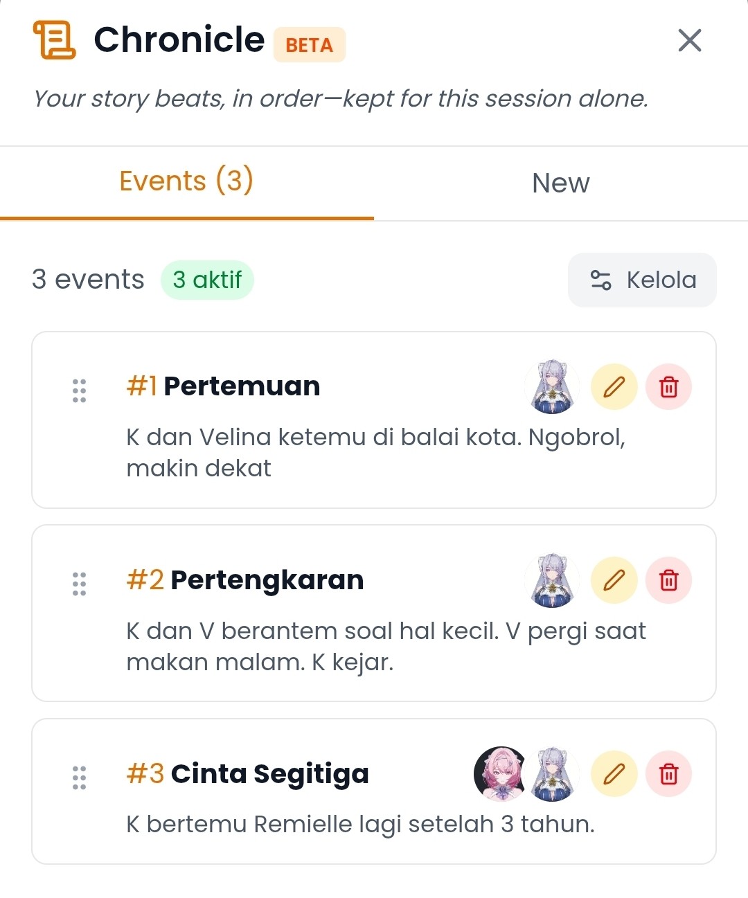 Tampilan Daftar entri Chronicles