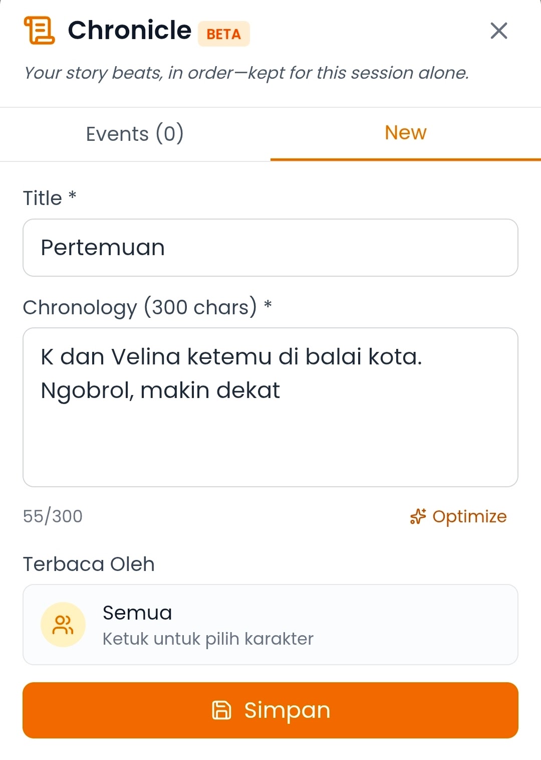 Tampilan pembuatan entri baru pada Chronicles