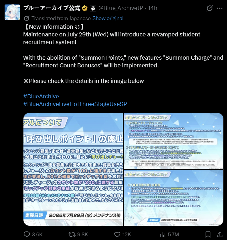 Pengumuman penghapusan spark system pada Gacha Blue Archive